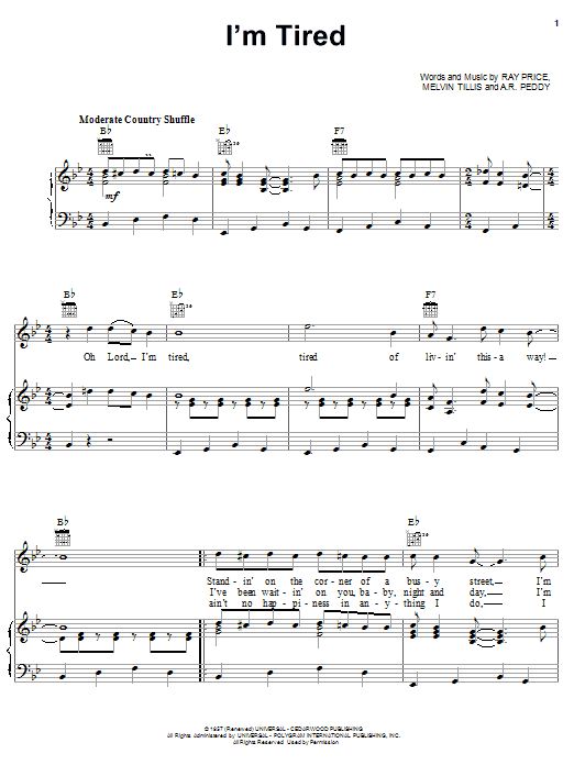 Ray Price I'm Tired sheet music notes and chords arranged for Piano, Vocal & Guitar Chords (Right-Hand Melody)
