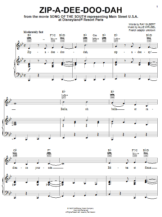 Ray Gilbert Zip-A-Dee-Doo-Dah [French version] sheet music notes and chords. Download Printable PDF.