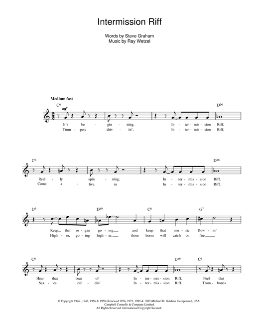 Ray Wetzel Intermission Riff sheet music notes and chords. Download Printable PDF.