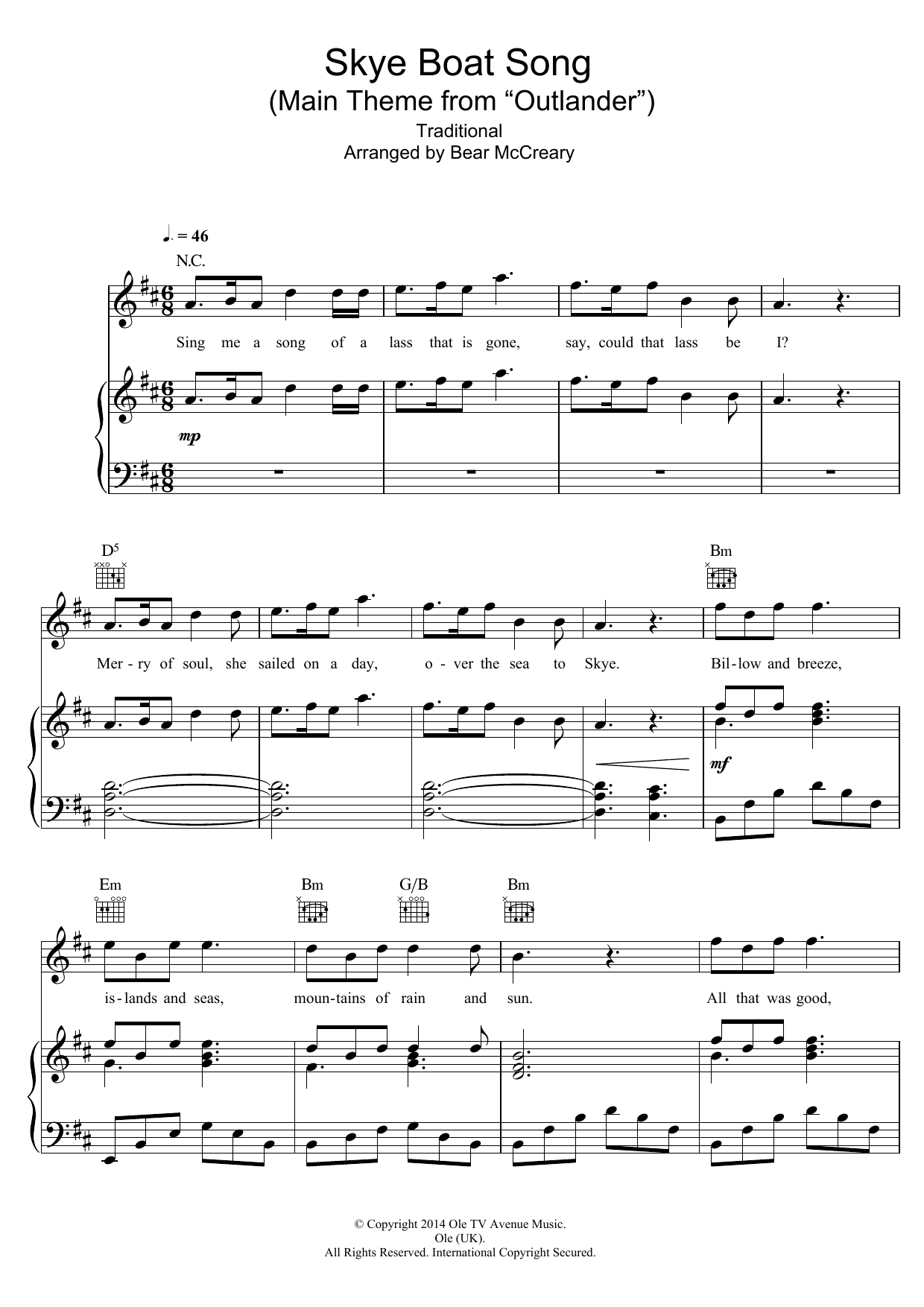 Raya Yarbrough Skye Boat Song (Main Theme from Outlander) sheet music notes and chords arranged for Piano, Vocal & Guitar Chords