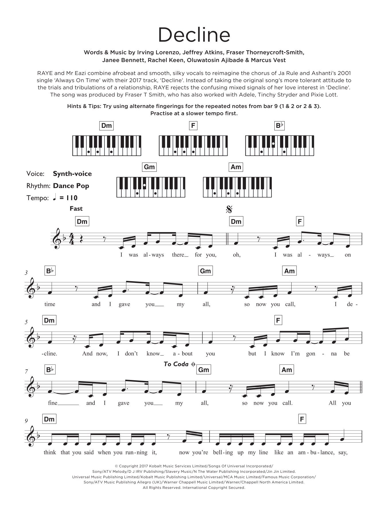 RAYE Decline sheet music notes and chords arranged for Keyboard (Abridged)