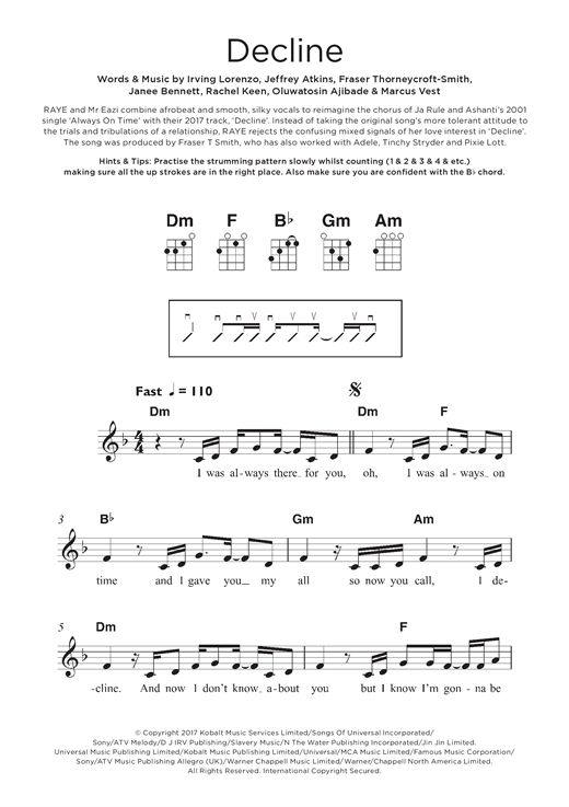 RAYE & Mr Eazi Decline sheet music notes and chords arranged for Beginner Ukulele