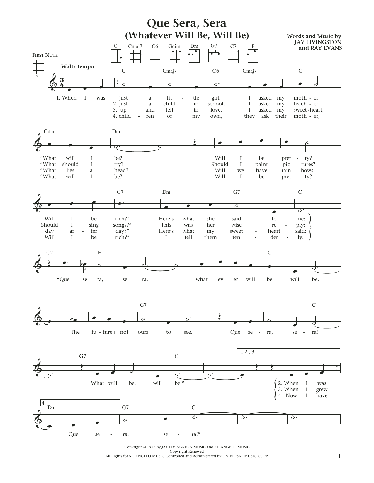 Raymond B. Evans Que Sera, Sera (Whatever Will Be, Will Be) (from The Daily Ukulele) (arr. Liz and Jim Beloff) sheet music notes and chords arranged for Ukulele