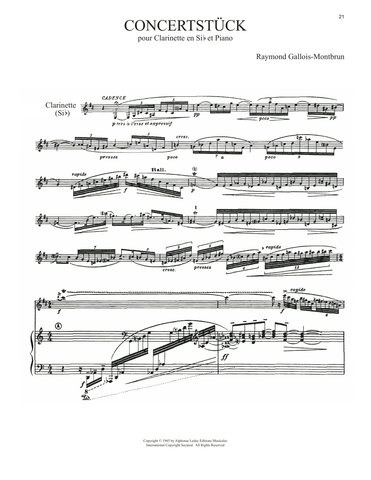 Raymond Gallois-Montbrun Concertstuck sheet music notes and chords arranged for Clarinet and Piano