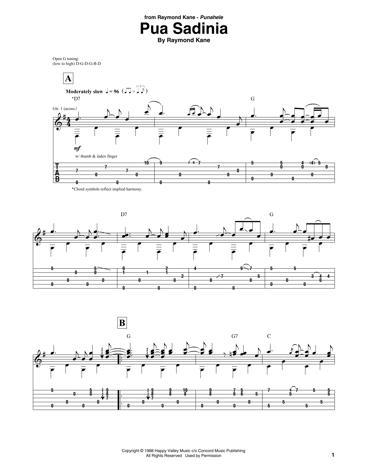 Raymond Kane Pua Sadinia sheet music notes and chords arranged for Solo Guitar