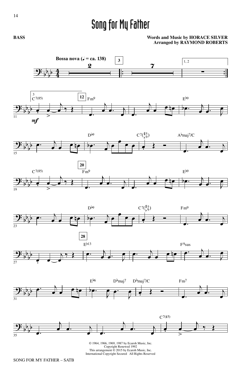 Raymond Roberts Song For My Father sheet music notes and chords arranged for SATB Choir