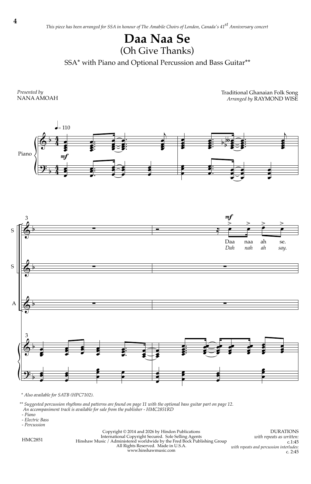 Raymond Wise Daa Naa Se sheet music notes and chords arranged for SSA Choir