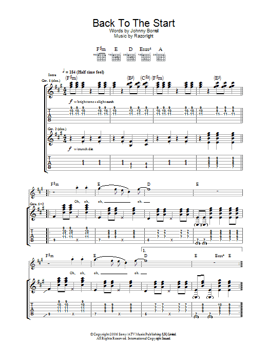 Razorlight Back To The Start sheet music notes and chords arranged for Guitar Tab