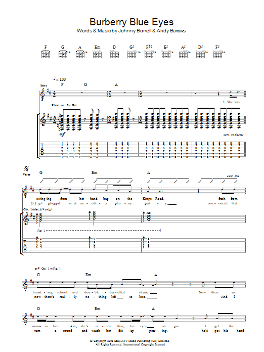 Razorlight Burberry Blue Eyes sheet music notes and chords arranged for Guitar Tab