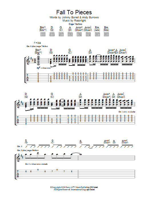 Razorlight Fall To Pieces sheet music notes and chords arranged for Guitar Tab