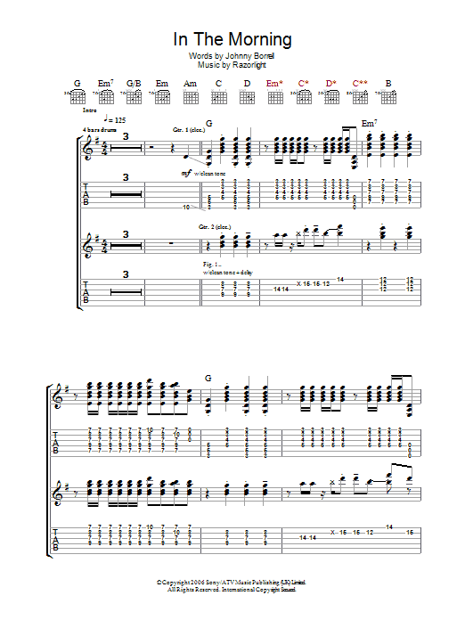 Razorlight In The Morning sheet music notes and chords arranged for Guitar Tab