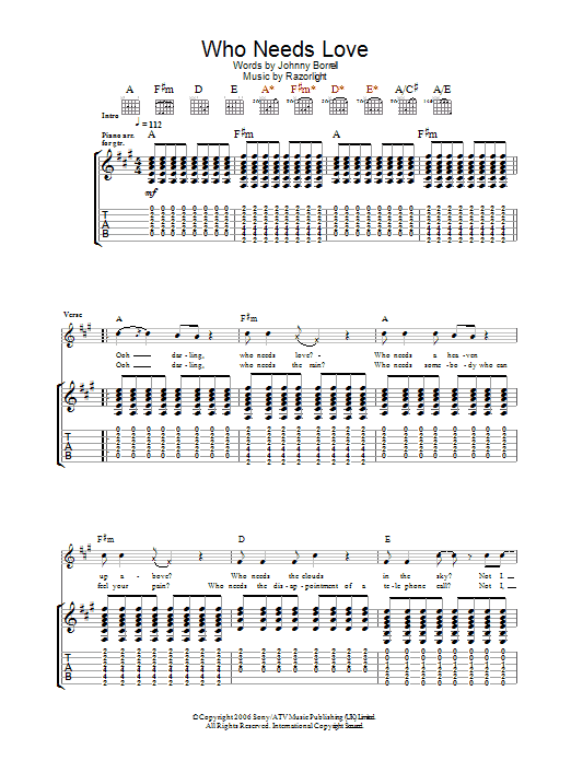 Razorlight Who Needs Love sheet music notes and chords arranged for Guitar Tab