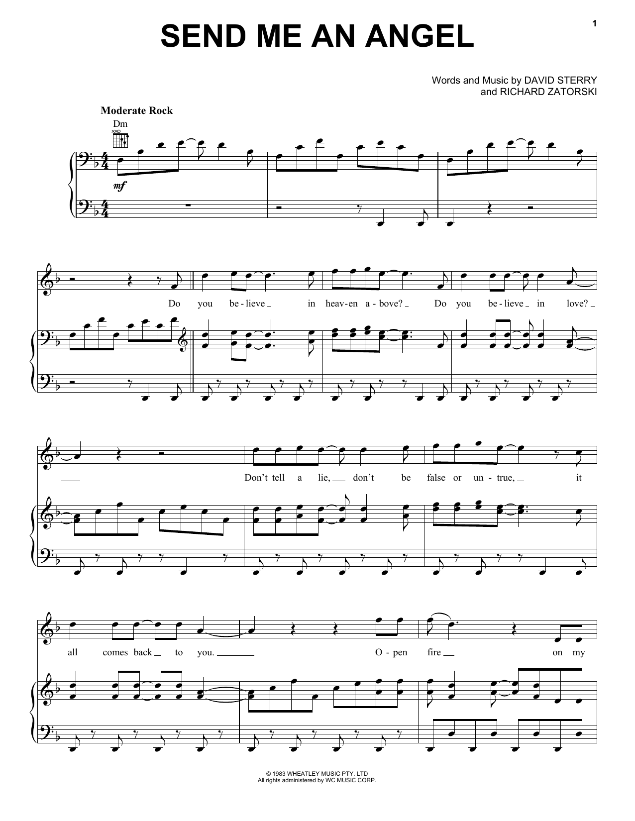 Real Life Send Me An Angel sheet music notes and chords arranged for Piano, Vocal & Guitar Chords (Right-Hand Melody)