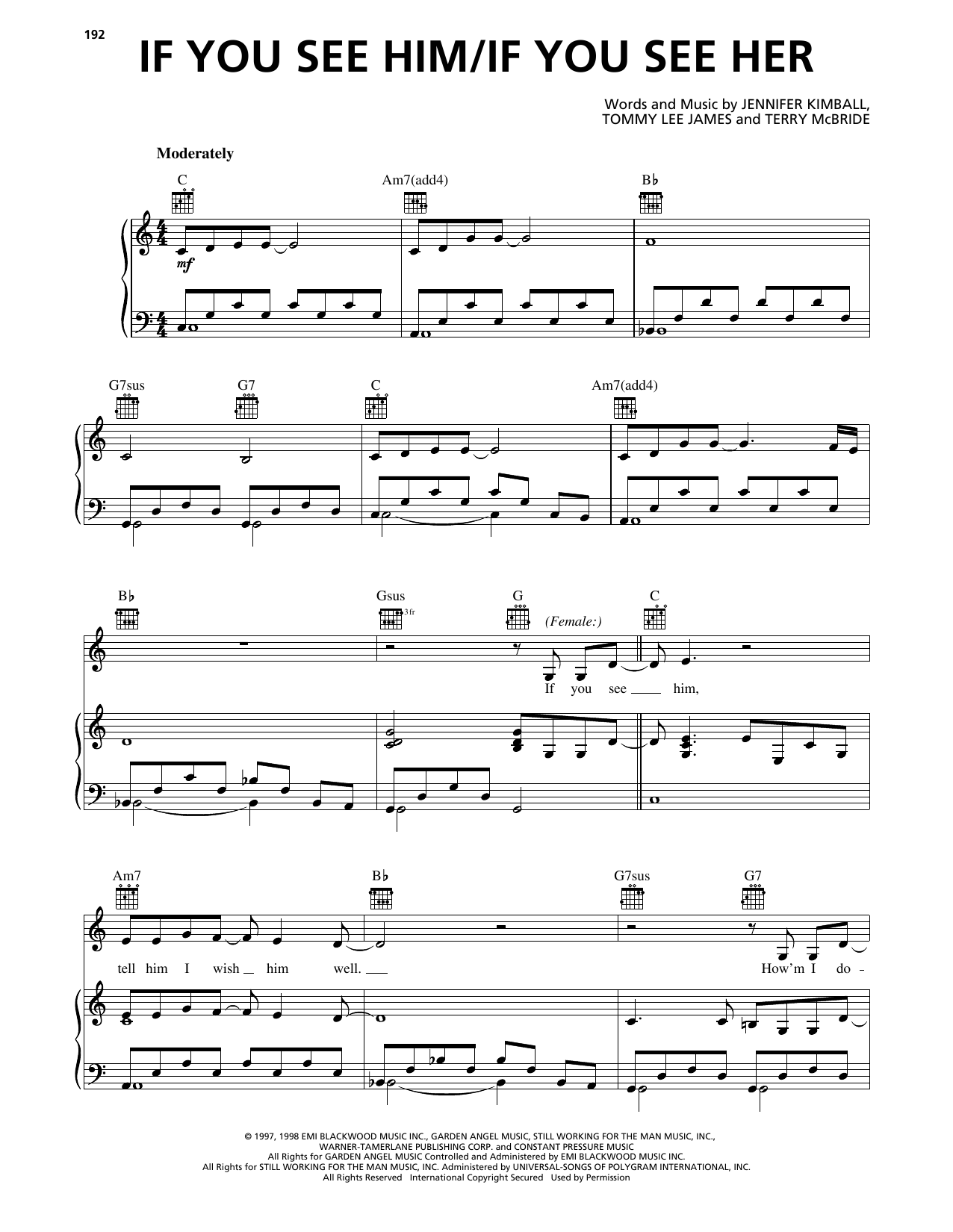 Reba McEntire If You See Him/If You See Her sheet music notes and chords arranged for Piano, Vocal & Guitar Chords (Right-Hand Melody)