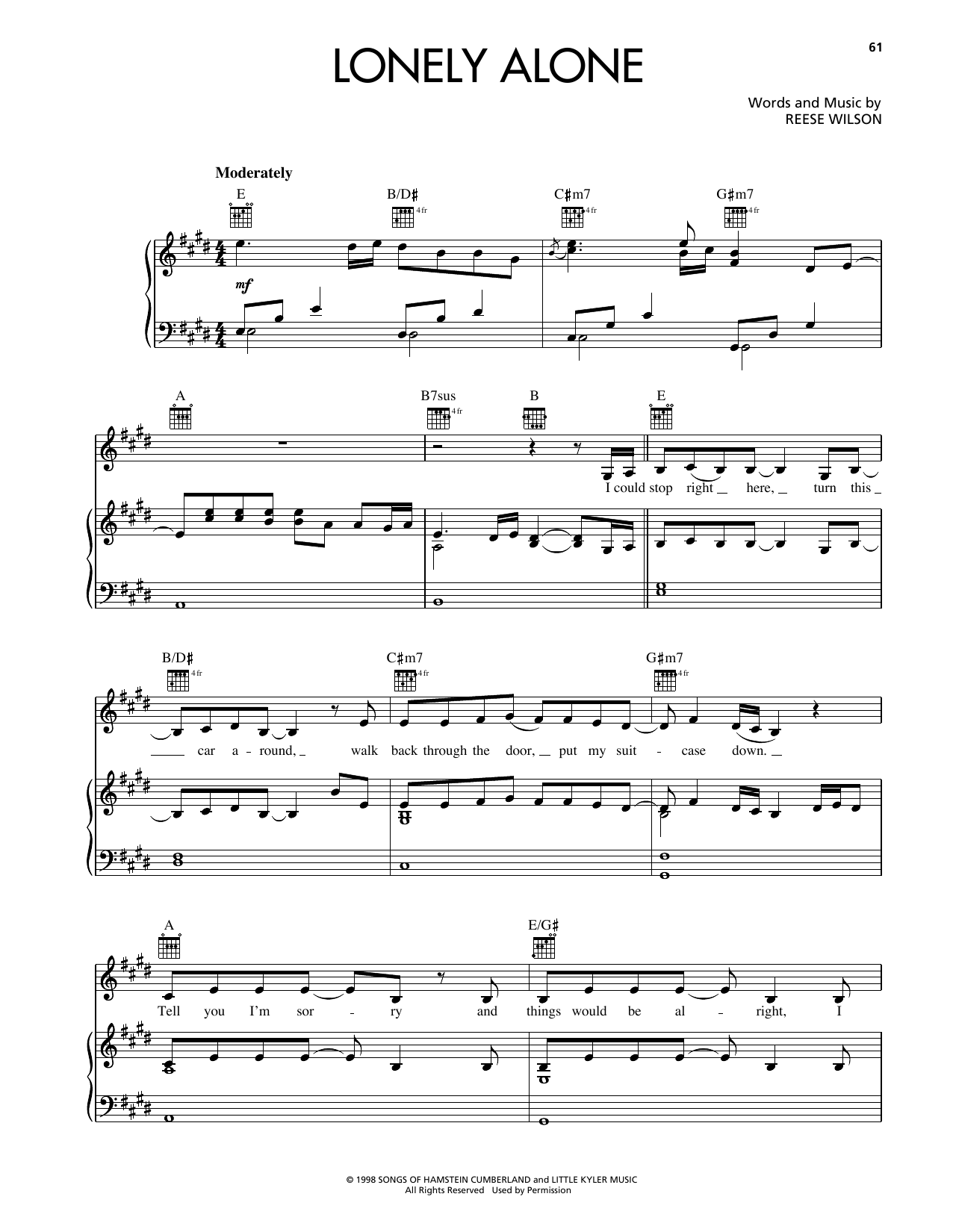Reba McEntire Lonely Alone sheet music notes and chords arranged for Piano, Vocal & Guitar Chords (Right-Hand Melody)