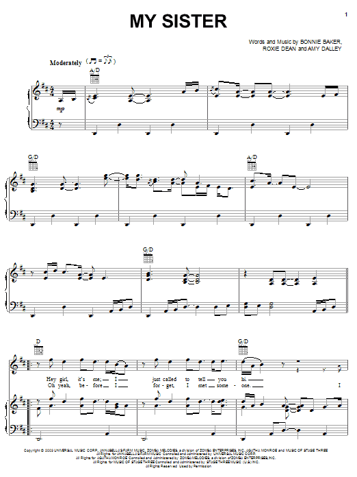 Reba McEntire My Sister sheet music notes and chords arranged for Piano, Vocal & Guitar Chords (Right-Hand Melody)