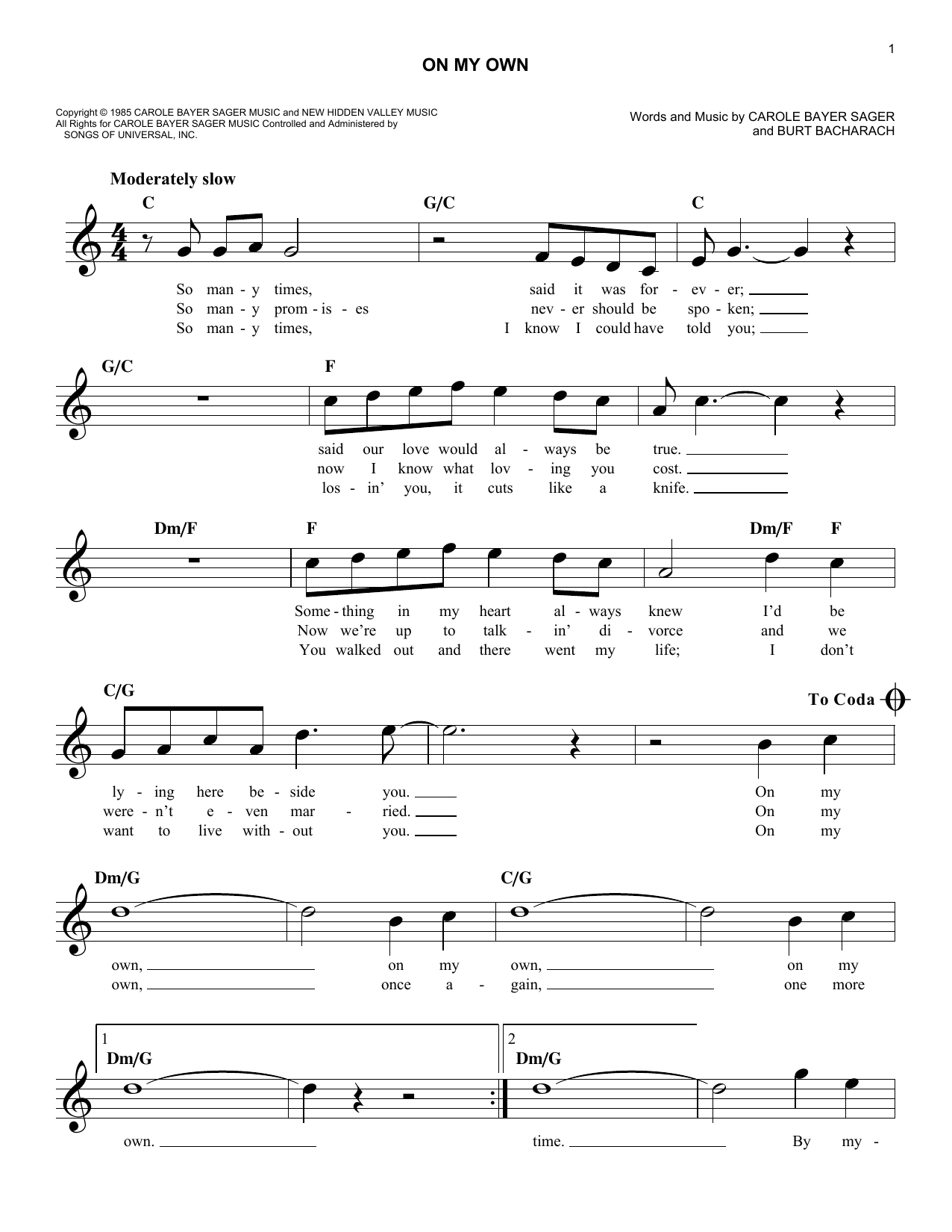 Reba McEntire On My Own sheet music notes and chords arranged for Easy Lead Sheet / Fake Book