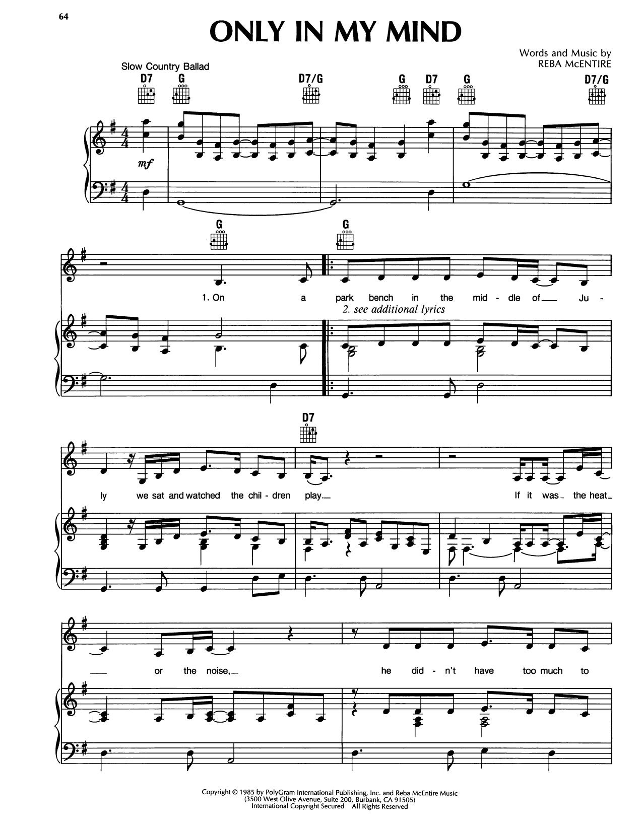 Reba McEntire Only In My Mind sheet music notes and chords arranged for Piano, Vocal & Guitar Chords (Right-Hand Melody)