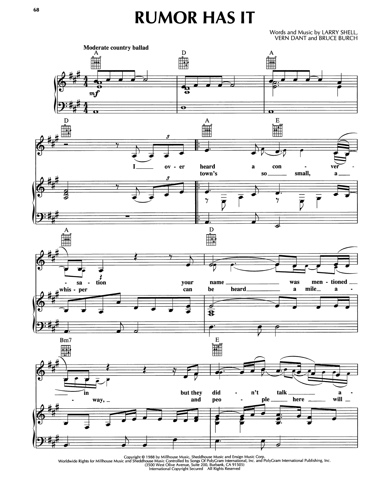 Reba McEntire Rumor Has It sheet music notes and chords arranged for Piano, Vocal & Guitar Chords (Right-Hand Melody)