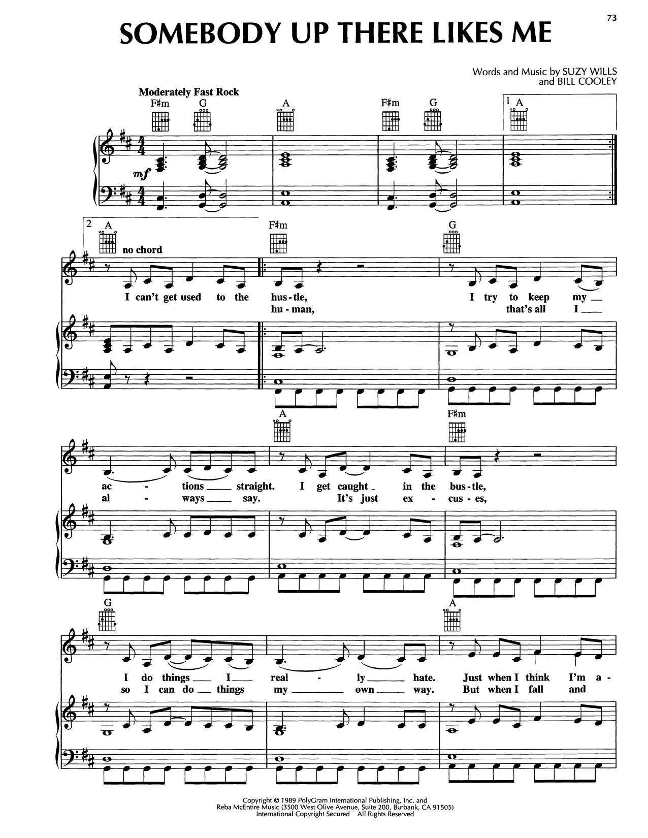 Reba McEntire Somebody Up There Likes Me sheet music notes and chords arranged for Piano, Vocal & Guitar Chords (Right-Hand Melody)