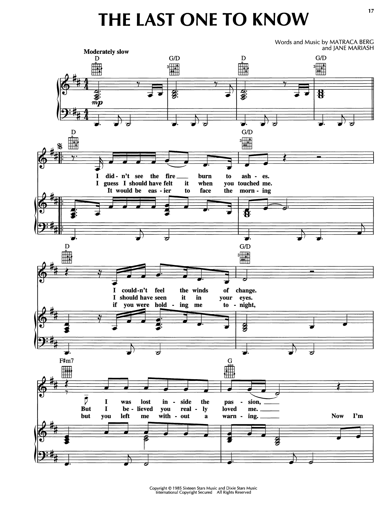 Reba McEntire The Last One To Know sheet music notes and chords arranged for Piano, Vocal & Guitar Chords (Right-Hand Melody)