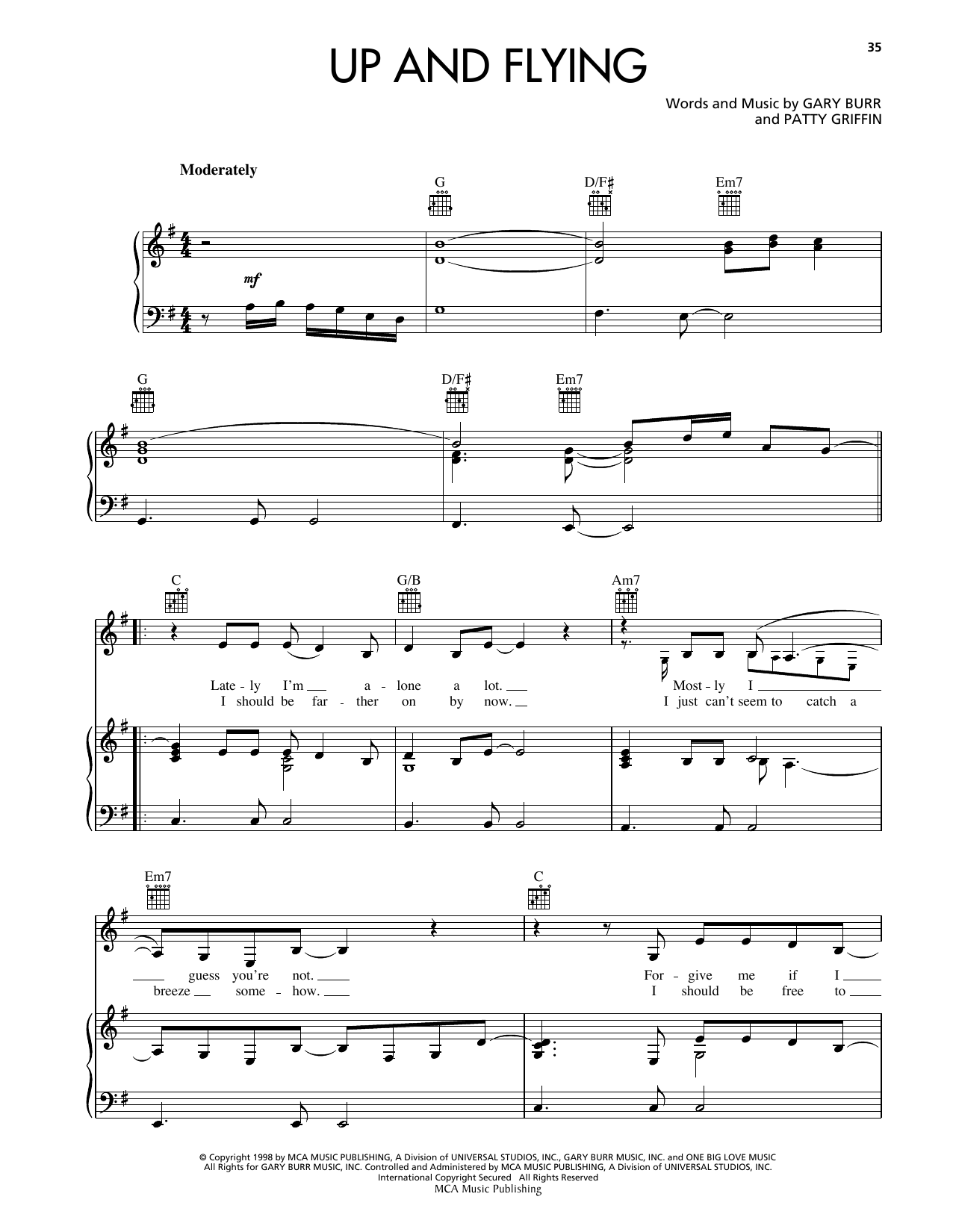 Reba McEntire Up And Flying sheet music notes and chords arranged for Piano, Vocal & Guitar Chords (Right-Hand Melody)