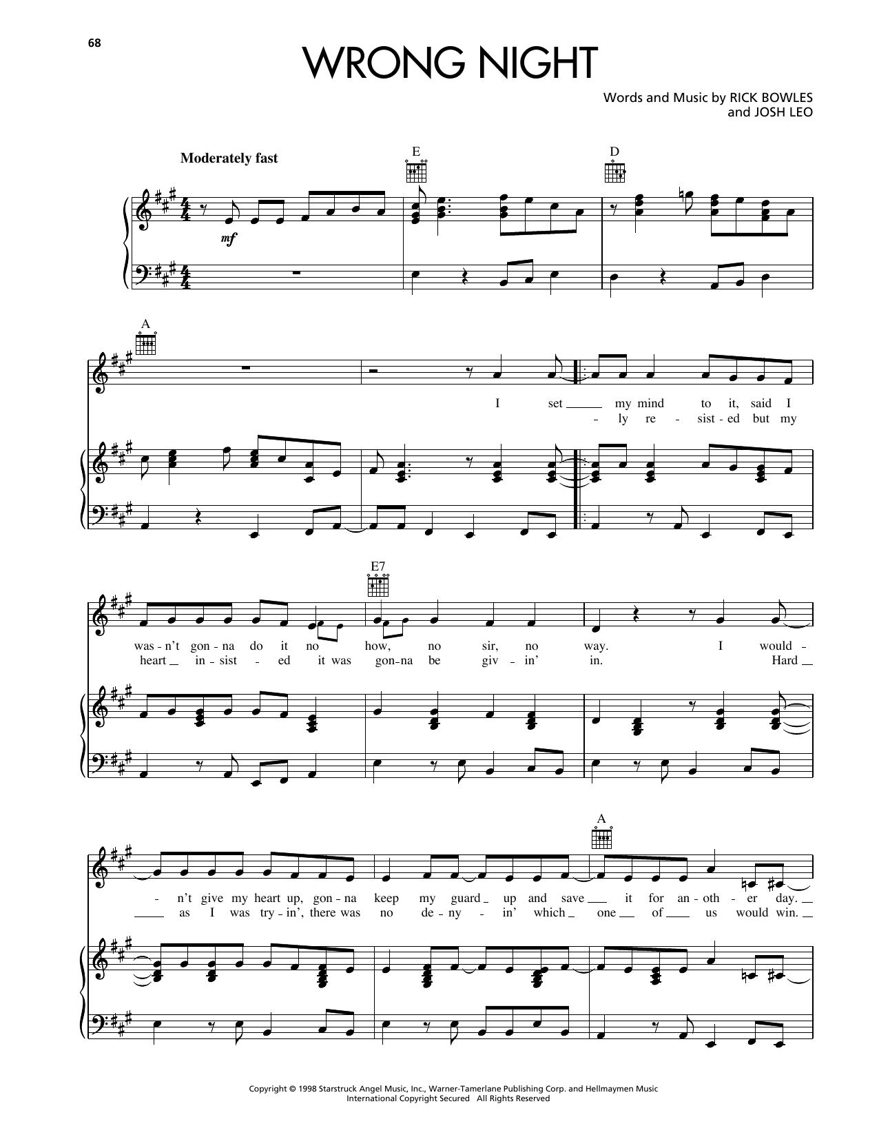 Reba McEntire Wrong Night sheet music notes and chords arranged for Piano, Vocal & Guitar Chords (Right-Hand Melody)