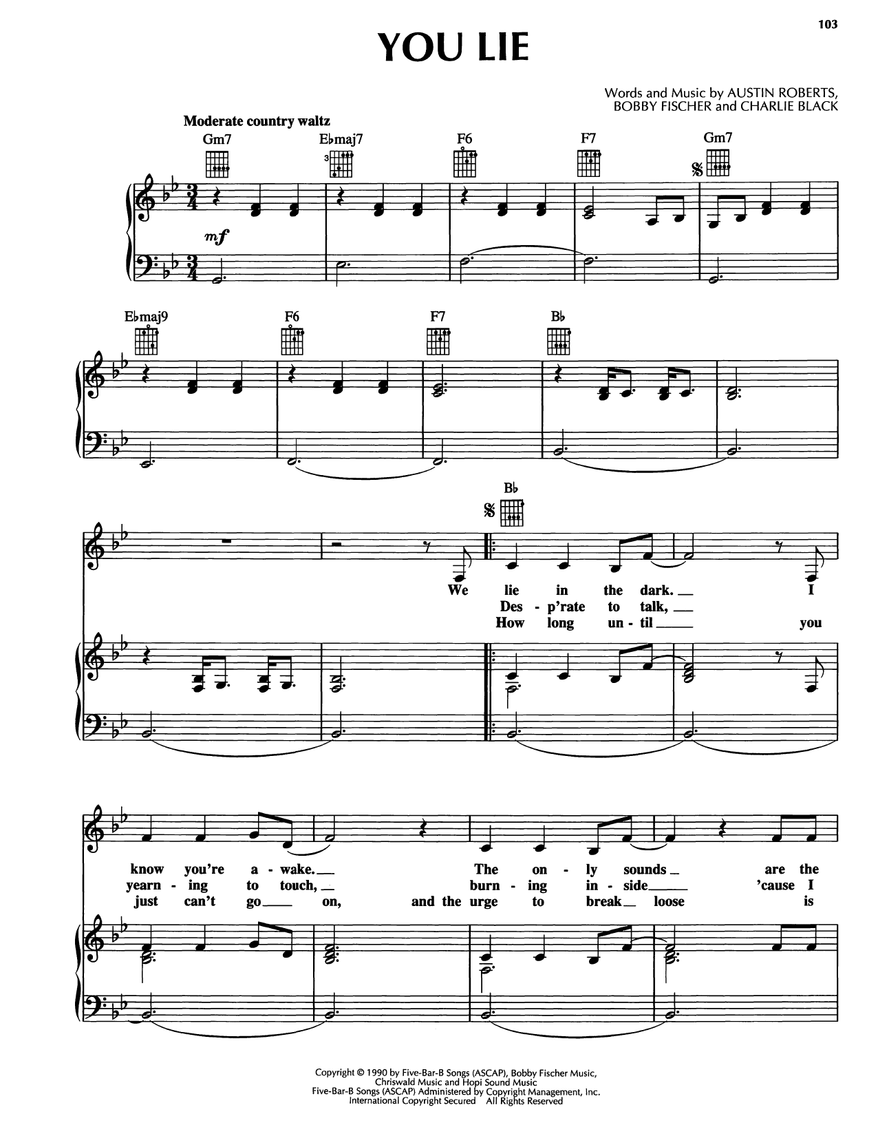 Reba McEntire You Lie sheet music notes and chords arranged for Piano, Vocal & Guitar Chords (Right-Hand Melody)