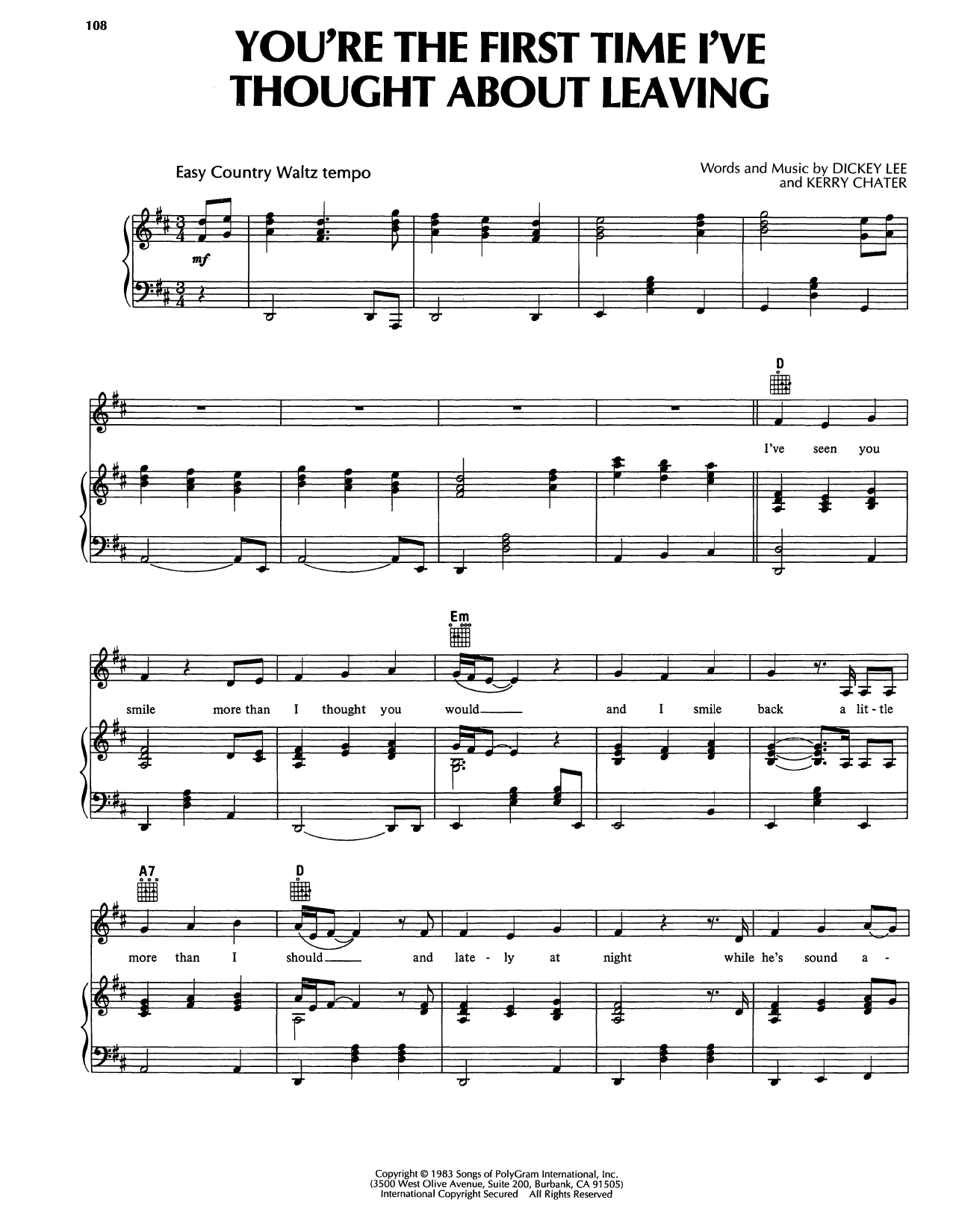 Reba McEntire You're The First Time I've Thought About Leaving sheet music notes and chords arranged for Piano, Vocal & Guitar Chords (Right-Hand Melody)