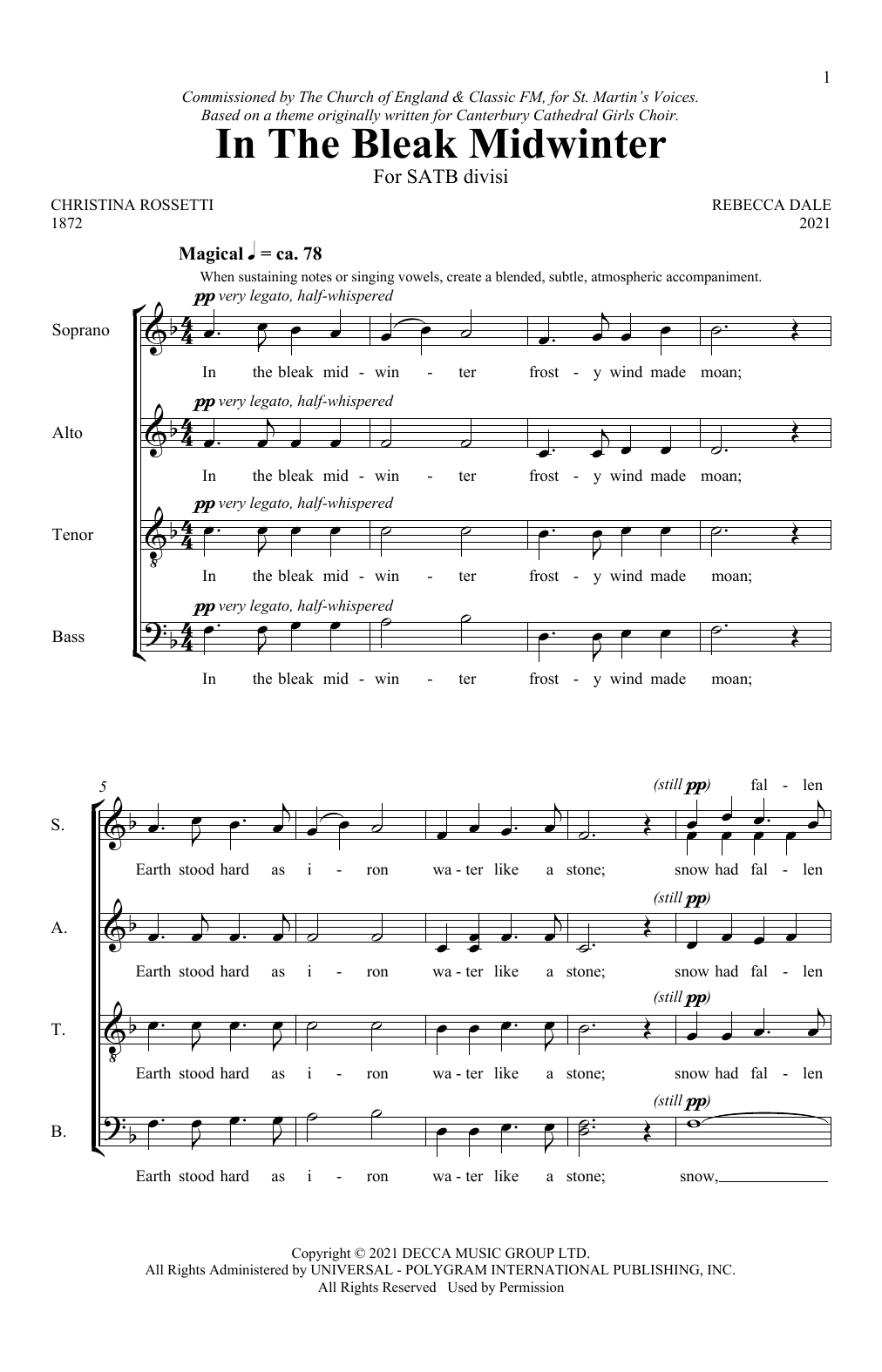 Rebecca Dale In The Bleak Midwinter sheet music notes and chords arranged for SATB Choir