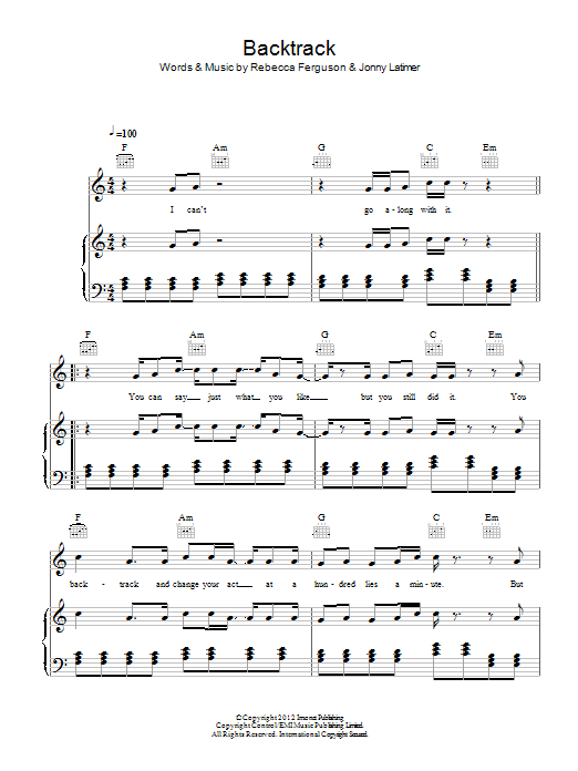 Rebecca Ferguson Backtrack sheet music notes and chords arranged for Piano, Vocal & Guitar Chords