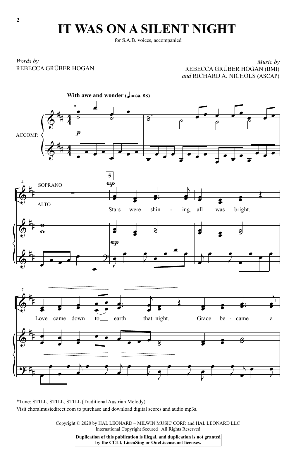 Rebecca Gruber Hogan and Richard A. Nichols It Was On A Silent Night sheet music notes and chords arranged for SAB Choir
