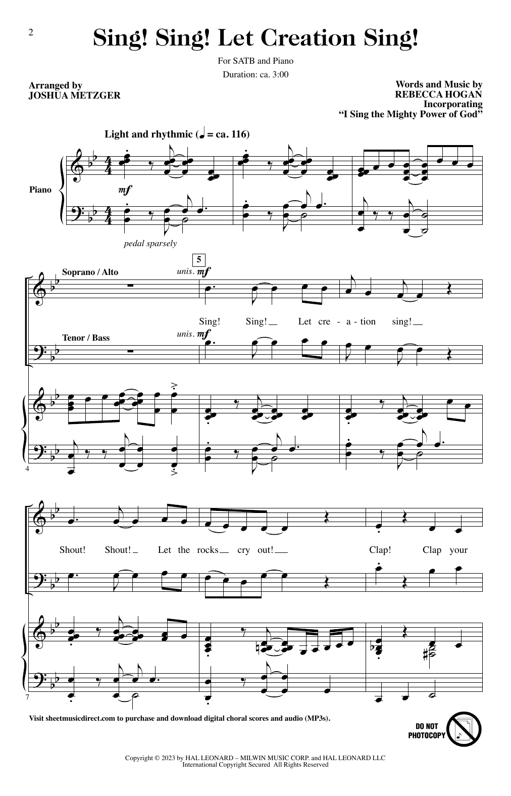 Rebecca Hogan Sing! Sing! Let Creation Sing! (arr. Joshua Metzger) sheet music notes and chords arranged for SATB Choir