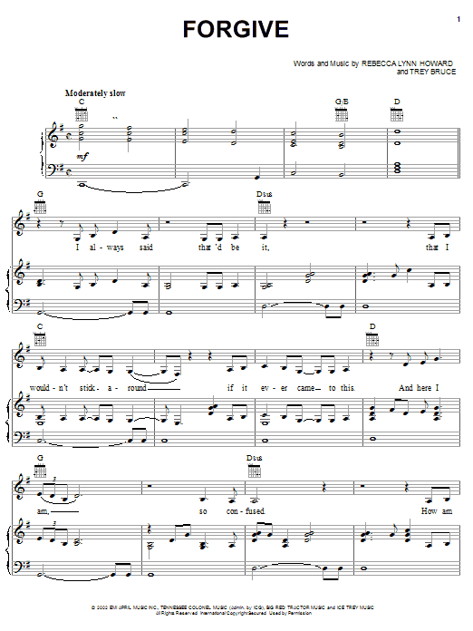 Rebecca Lynn Howard Forgive sheet music notes and chords arranged for Piano, Vocal & Guitar Chords (Right-Hand Melody)