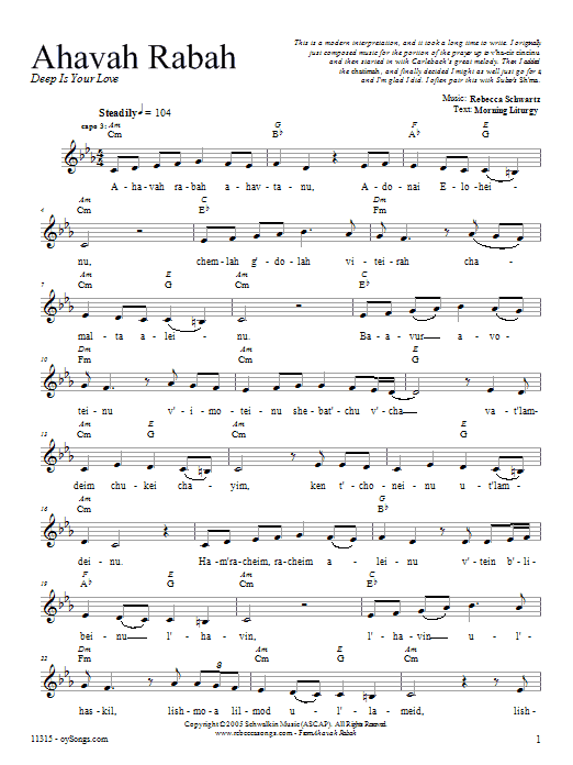 Rebecca Schwartz Ahavah Rabah sheet music notes and chords arranged for Lead Sheet / Fake Book