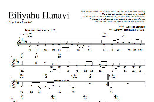 Rebecca Schwartz Eiliyahu Hanavi sheet music notes and chords arranged for Lead Sheet / Fake Book