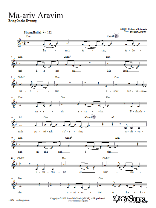 Rebecca Schwartz Ma-ariv Aravim sheet music notes and chords arranged for Lead Sheet / Fake Book