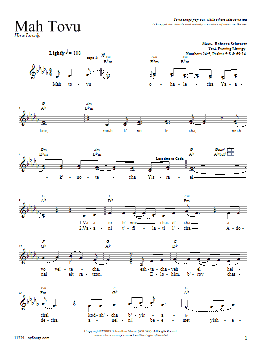 Rebecca Schwartz Mah Tovu sheet music notes and chords arranged for Lead Sheet / Fake Book
