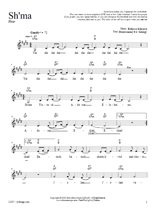 Rebecca Schwartz Sh'ma sheet music notes and chords arranged for Lead Sheet / Fake Book