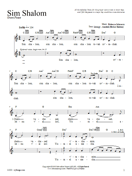 Rebecca Schwartz Sim Shalom sheet music notes and chords arranged for Lead Sheet / Fake Book
