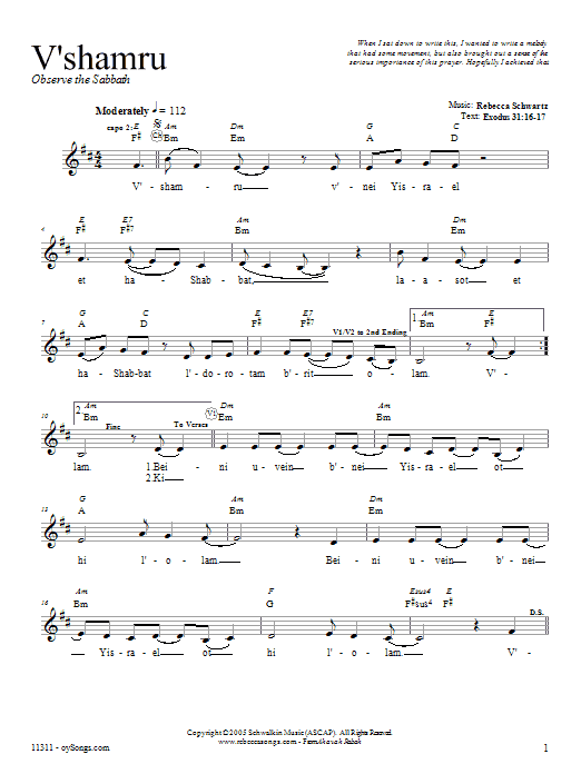 Rebecca Schwartz V'sham'ru sheet music notes and chords arranged for Lead Sheet / Fake Book