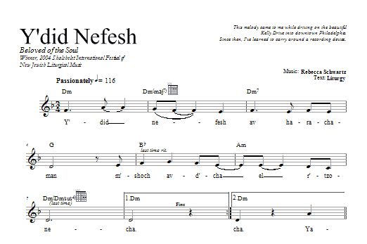 Rebecca Schwartz Y'did Nefesh sheet music notes and chords arranged for Lead Sheet / Fake Book