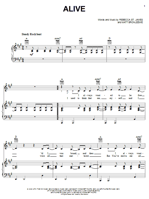 Rebecca St. James Alive sheet music notes and chords arranged for Piano, Vocal & Guitar Chords (Right-Hand Melody)