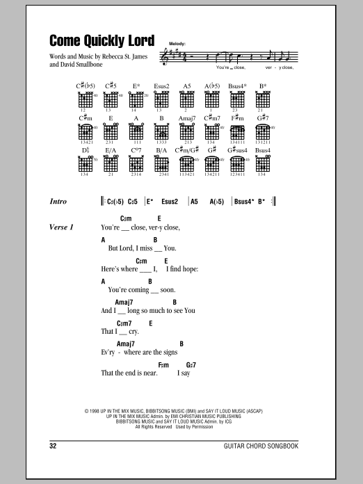 Rebecca St. James Come Quickly Lord sheet music notes and chords arranged for Guitar Chords/Lyrics