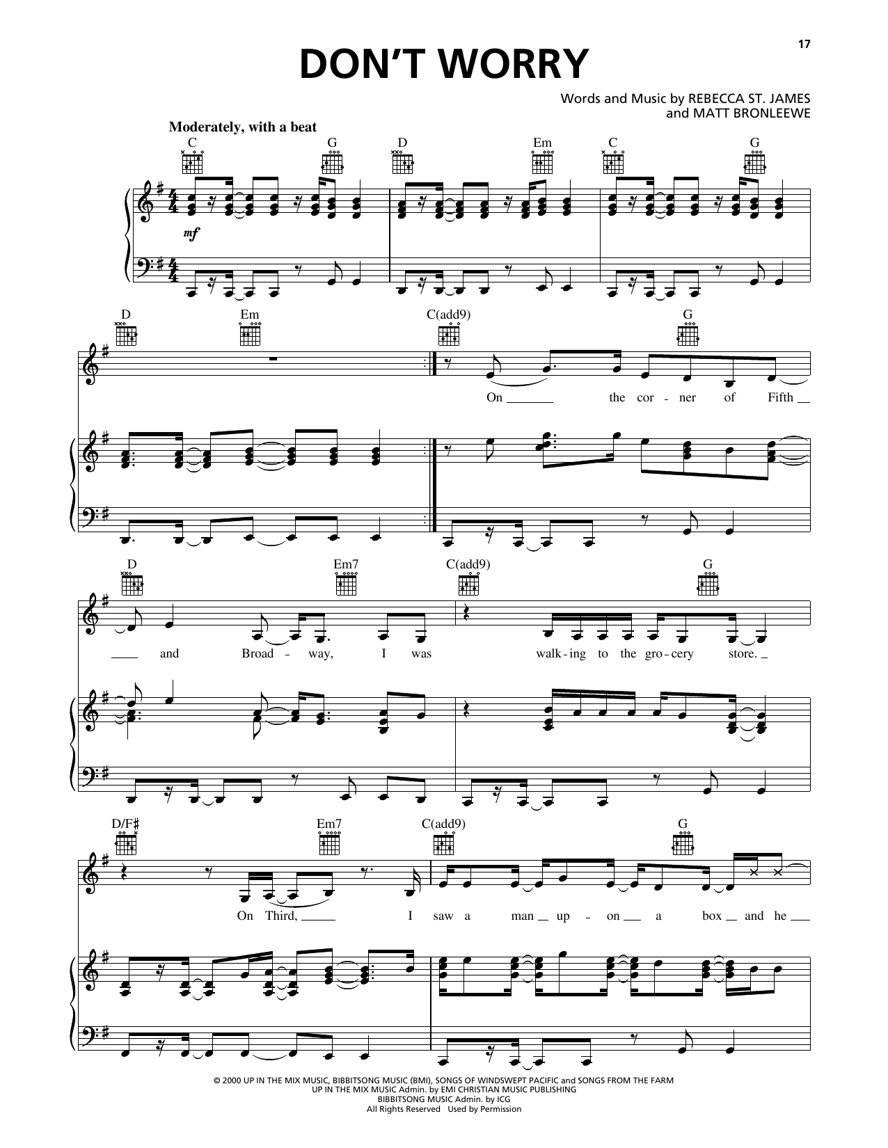 Rebecca St. James Don't Worry sheet music notes and chords arranged for Piano, Vocal & Guitar Chords (Right-Hand Melody)