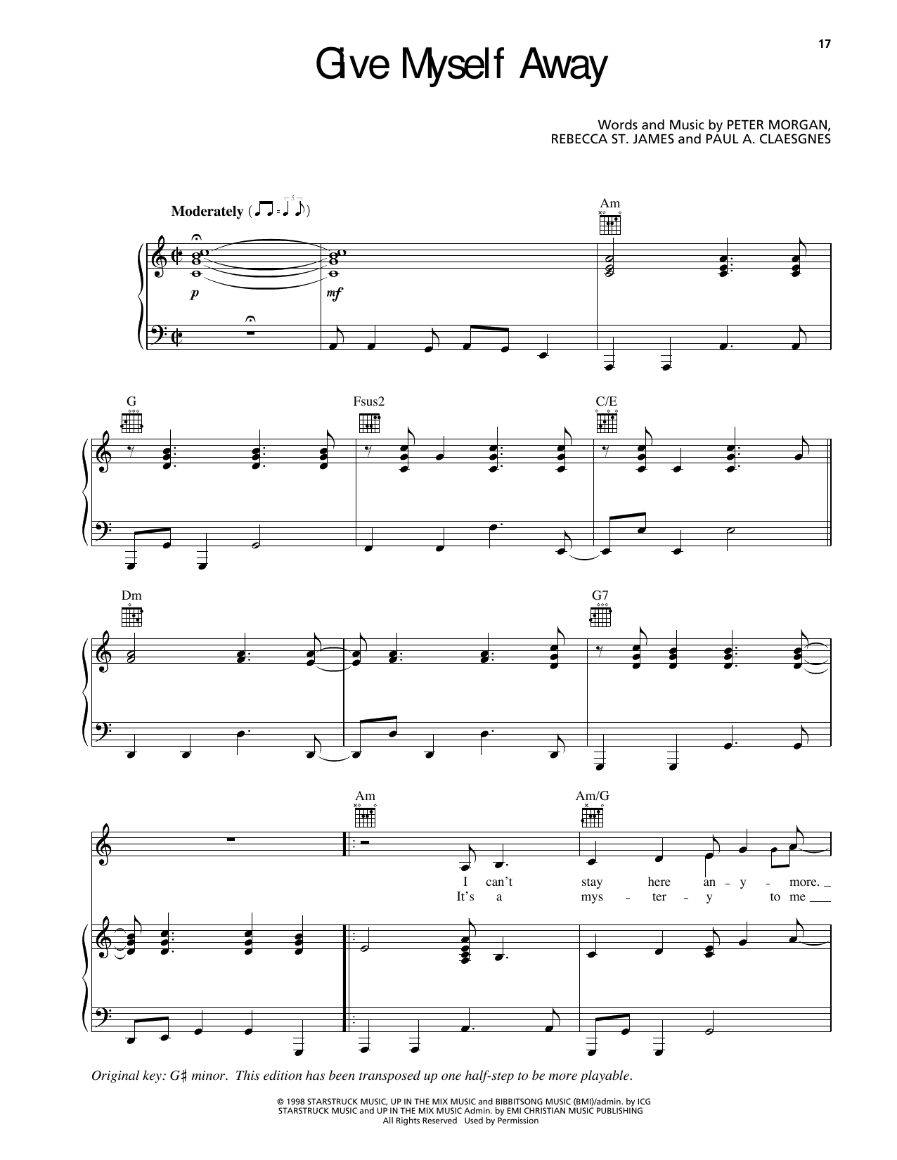 Rebecca St. James Give Myself Away sheet music notes and chords arranged for Piano, Vocal & Guitar Chords (Right-Hand Melody)