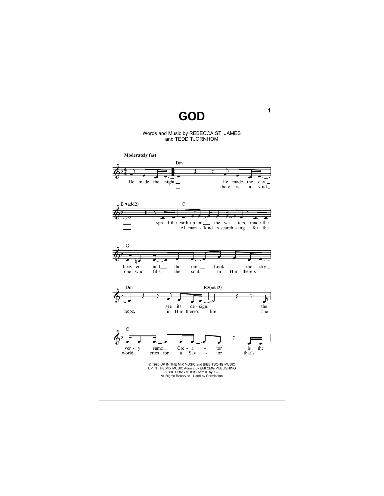 Rebecca St. James God sheet music notes and chords arranged for Lead Sheet / Fake Book