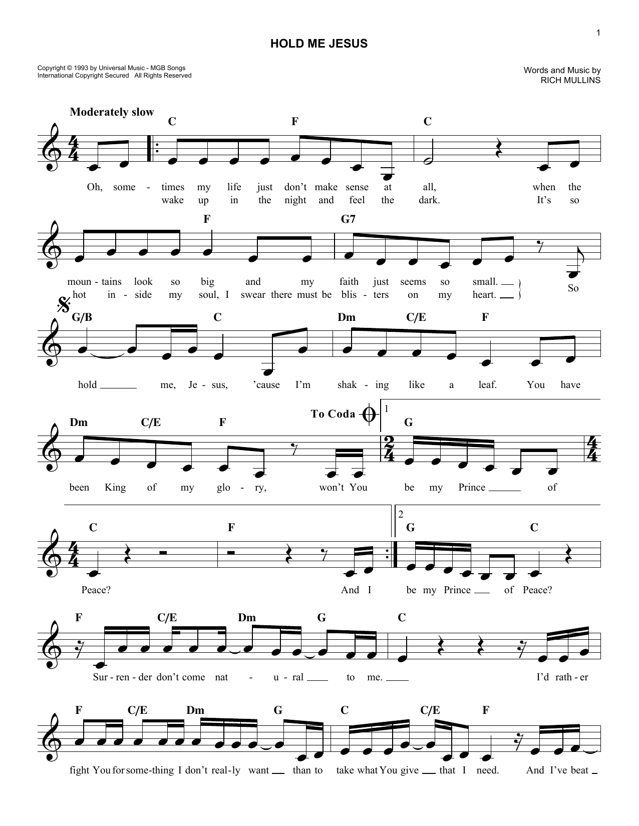 Rebecca St. James Hold Me Jesus sheet music notes and chords arranged for Lead Sheet / Fake Book