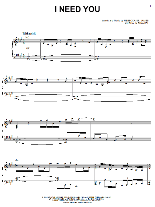 Rebecca St. James I Need You sheet music notes and chords arranged for Piano, Vocal & Guitar Chords (Right-Hand Melody)