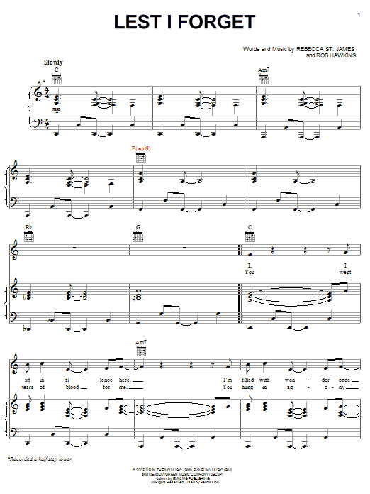 Rebecca St. James Lest I Forget sheet music notes and chords arranged for Piano, Vocal & Guitar Chords (Right-Hand Melody)